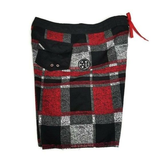 Maui and Sons Mens 34 Red Black Grey Plaid Boardshorts Surf Wake Swim Beach - Picture 4 of 5